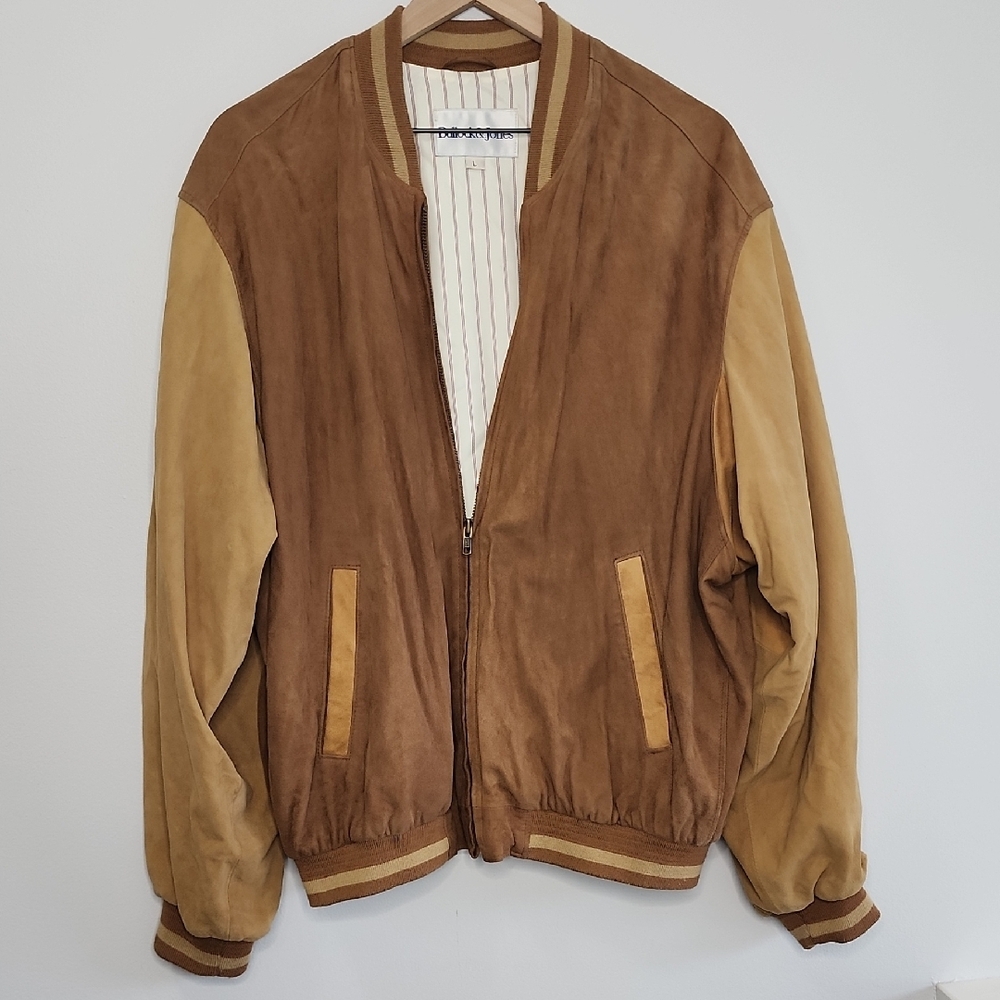 Bullock & Jones Classic Brown and Tan Leather Bomber Jacket with Ribbed Details - Picture 2 of 9